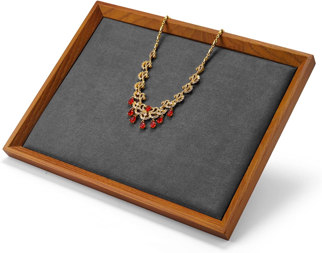 Oirlv Solid Wood Flat Jewelry Tray, Rectangle Jewelry Display Tray, Drawer Dresser or Nightstand Organizer, Microfiber Valet Tray, Catchall Tray(Grey, Large)