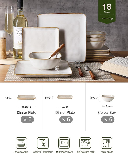 Famiware Ocean Square Plates and Bowls Set, 18 Pieces Dinnerware Sets, Dishes Set for 6, Microwave and Dishwasher Safe, Scratch Resistant, Cappuccino White