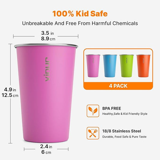 VINUR 4 Pack Stainless Steel Cups 16 oz Pint Tumbler Stackable Metal Drinking Glasses for Travel, Camping, Outdoors (Sky Blue-Orange-Hot Red-Apple Green)