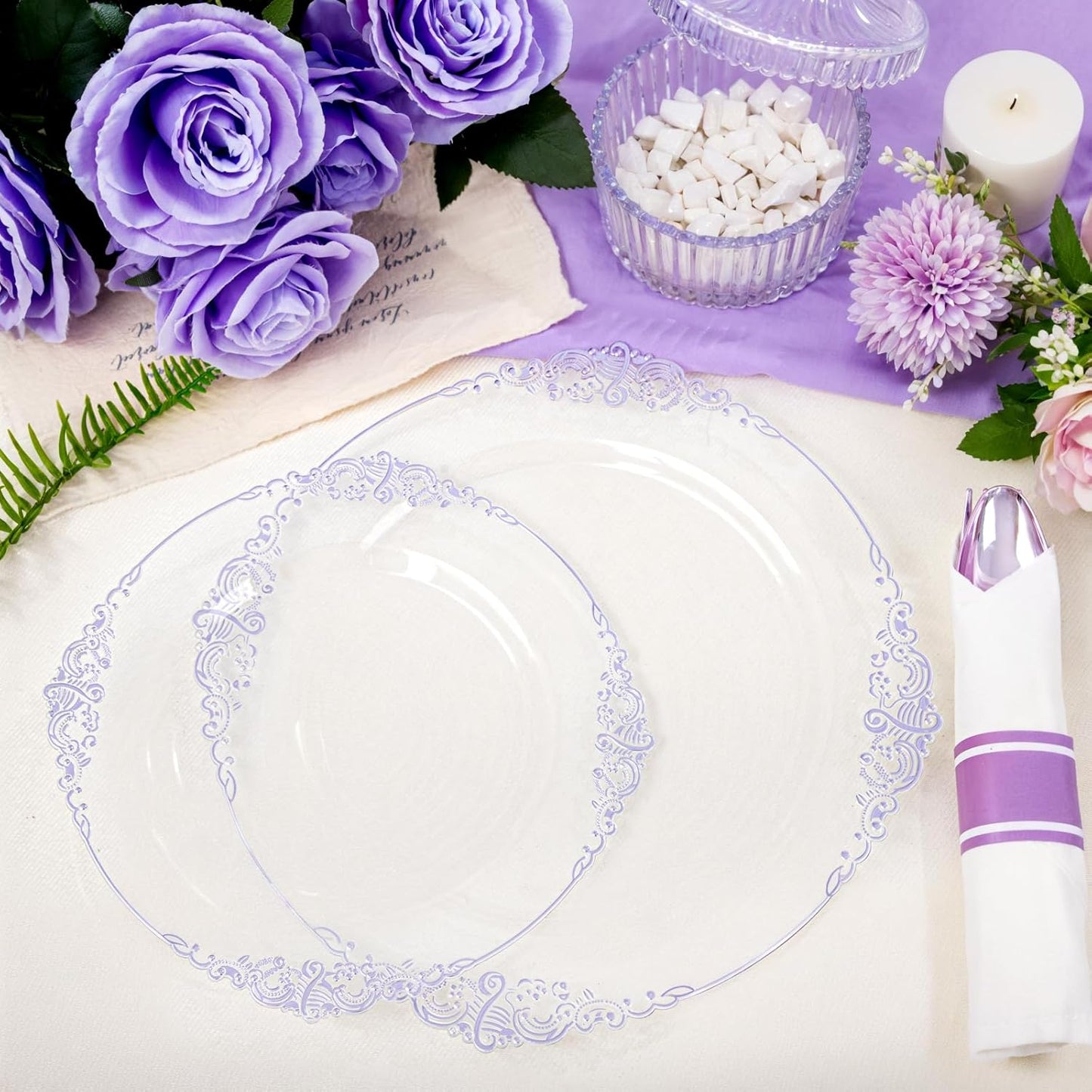 Hioasis 175pcs Clear Purple Plastic Plates - Elegant Disposable Dinnerware Set Suitable for 25 Guests Include 10.25" Dinner & 7.5" Dessert Plates, Pre Rolled Silverware Set, Cups for Party & Wedding
