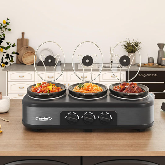 Sunvivi Triple Slow Cooker, Buffet Food Warmer with 3 * 1.5 Quarts Removable Ceramic Pots, Buffet Servers and Warmers with Glass Lids and 3 Spoons, Stainless Steel, Grey