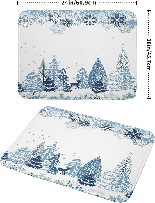 Winter Blue Snowflake Dish Drying Mat Christmas Tree Kitchen Counter Dish Drainer Mats Xmas Forest Deer Moose Dish Dry Pad Bottles Protector for Kitchen Countertop Coffee Bar, 18x24 inch Large