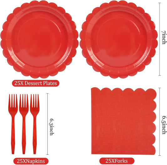 75Pcs Red Paper Plates Set-7 Inch Scalloped Christmas Plates Disposable Red Dessert Plate Nakpins Forks Party Supplies for Wedding Baby Shower Fall Pininc Birthday Table Decor Serve25