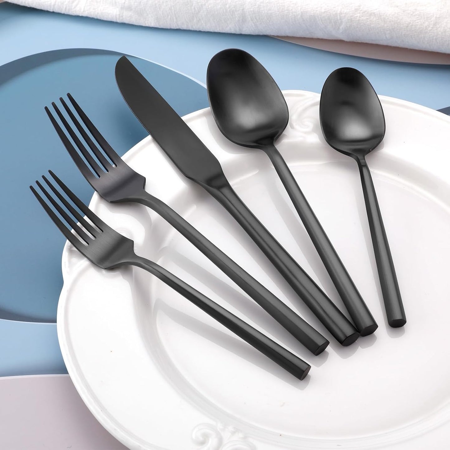 DEACORY Silverware Set with Serving Utensil Set Matte Black Flatware Set Hand Forged Stainless Steel Cutlery Set 45 Pieces Matte Finished Hexagon Handle Service for 8