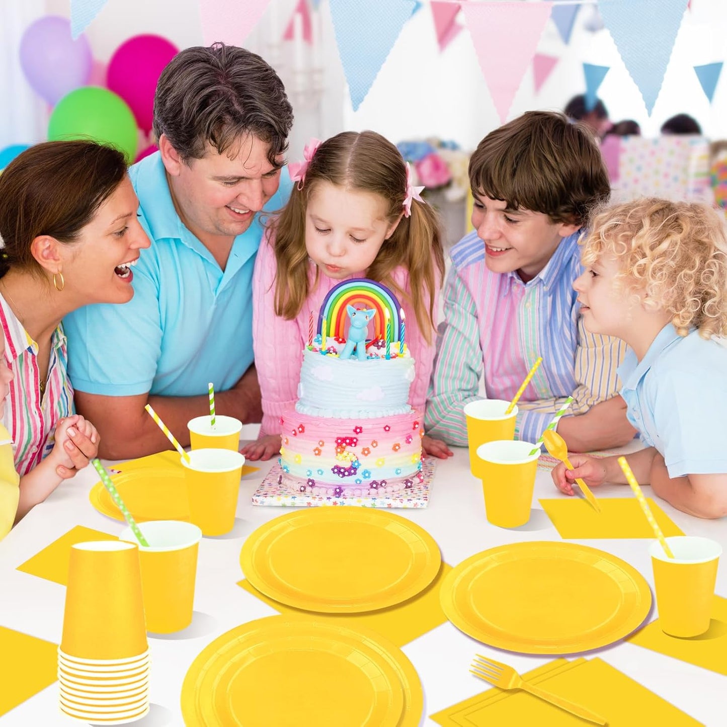 TWOWYHI 228PCS Yellow Party Supplies Set Include Paper Plates Cups Paper Napkins Plastic Spoons Forks Knives for 30 Guests Disposable Party Dinnerware for Birthday Wedding Family Picnic