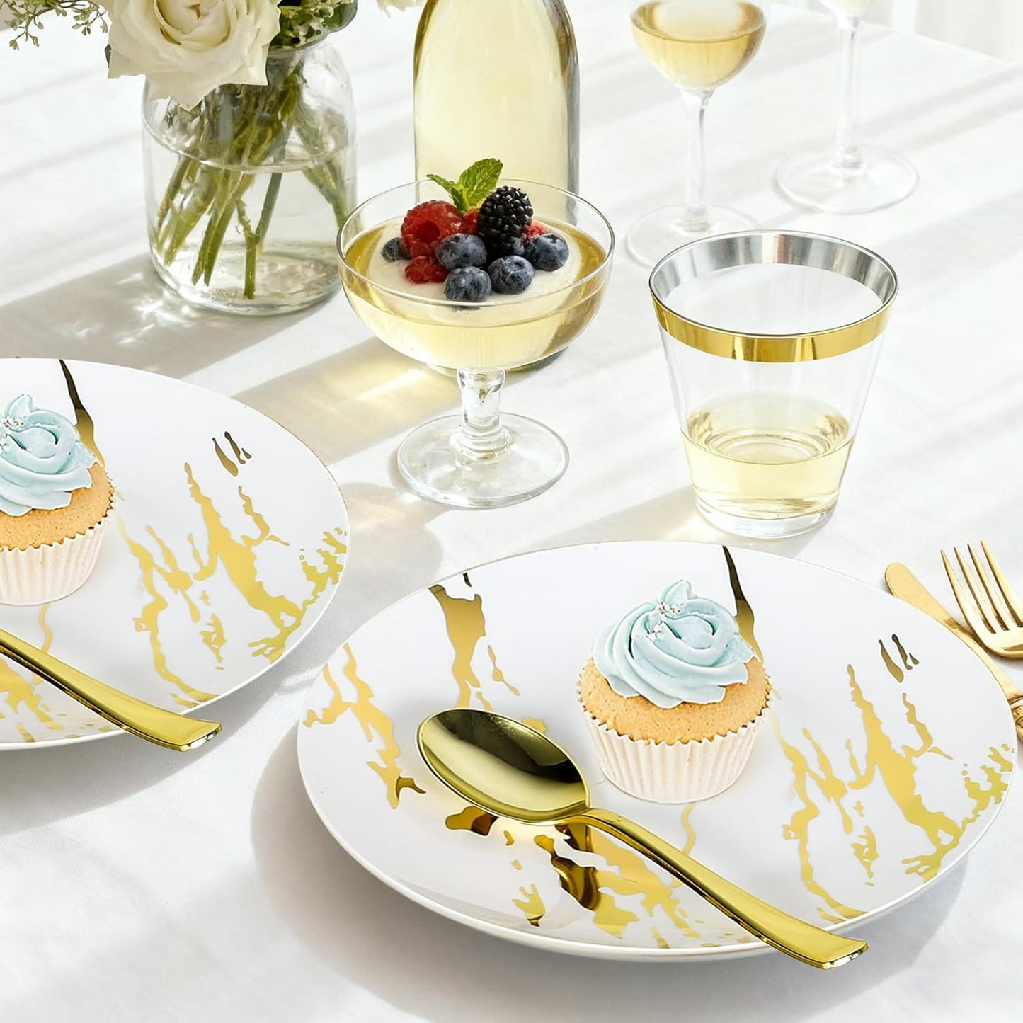 175pcs Gold Plastic Dinnerware Set – Elegant Disposable Plates, Cups, Utensils & Napkins for Wedding, Party, Birthday, Graduation