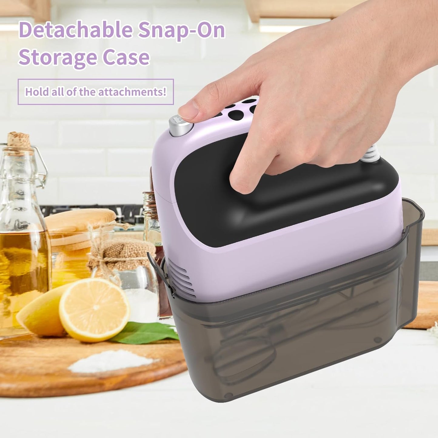 9-Speed Digital Hand Mixer Electric, 400W Powerful DC Motor, Baking Mixer Handheld with Snap-On Storage Case, 5 Stainless Steel Accessories, Flat Beaters, Dough Hooks, Whisk (Purple&Black)