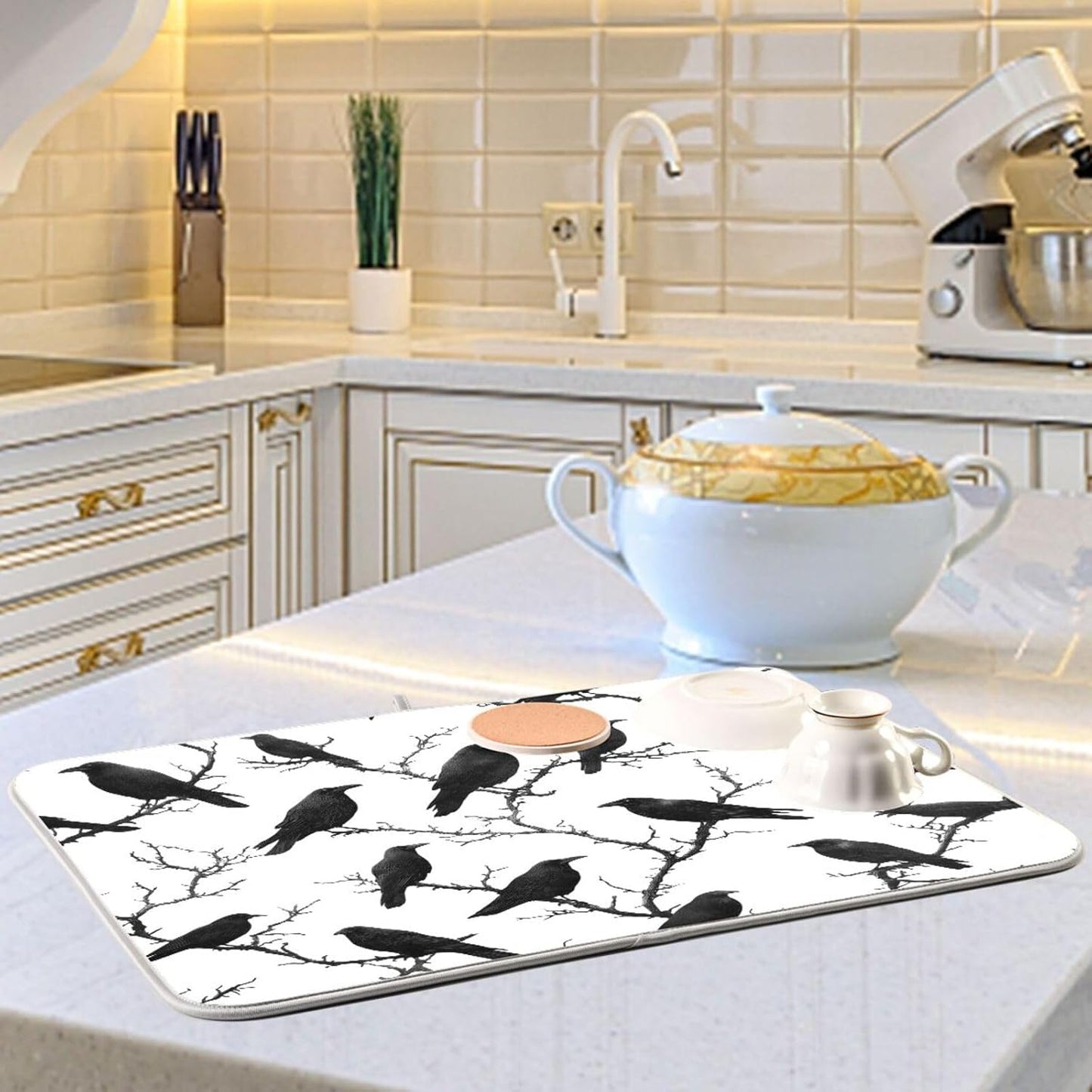 Crows Birds Perched on Branches Dish Drying Mat for Kitchen Counter Super Absorbent Dishes Pad Reversible Microfiber Protector Dish Draining Mats 16x18 inch