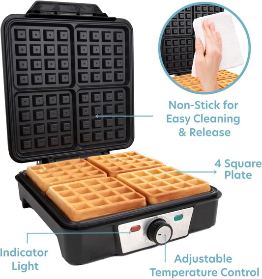 CucinaPro Four Square Belgian Waffle Maker, Extra Large Stainless Steel Kitchen Appliance w Nonstick Waffler Iron Plates Makes 4 Fluffy Waffles, Great Griddle for Family Holiday Breakfast or Xmas Gift