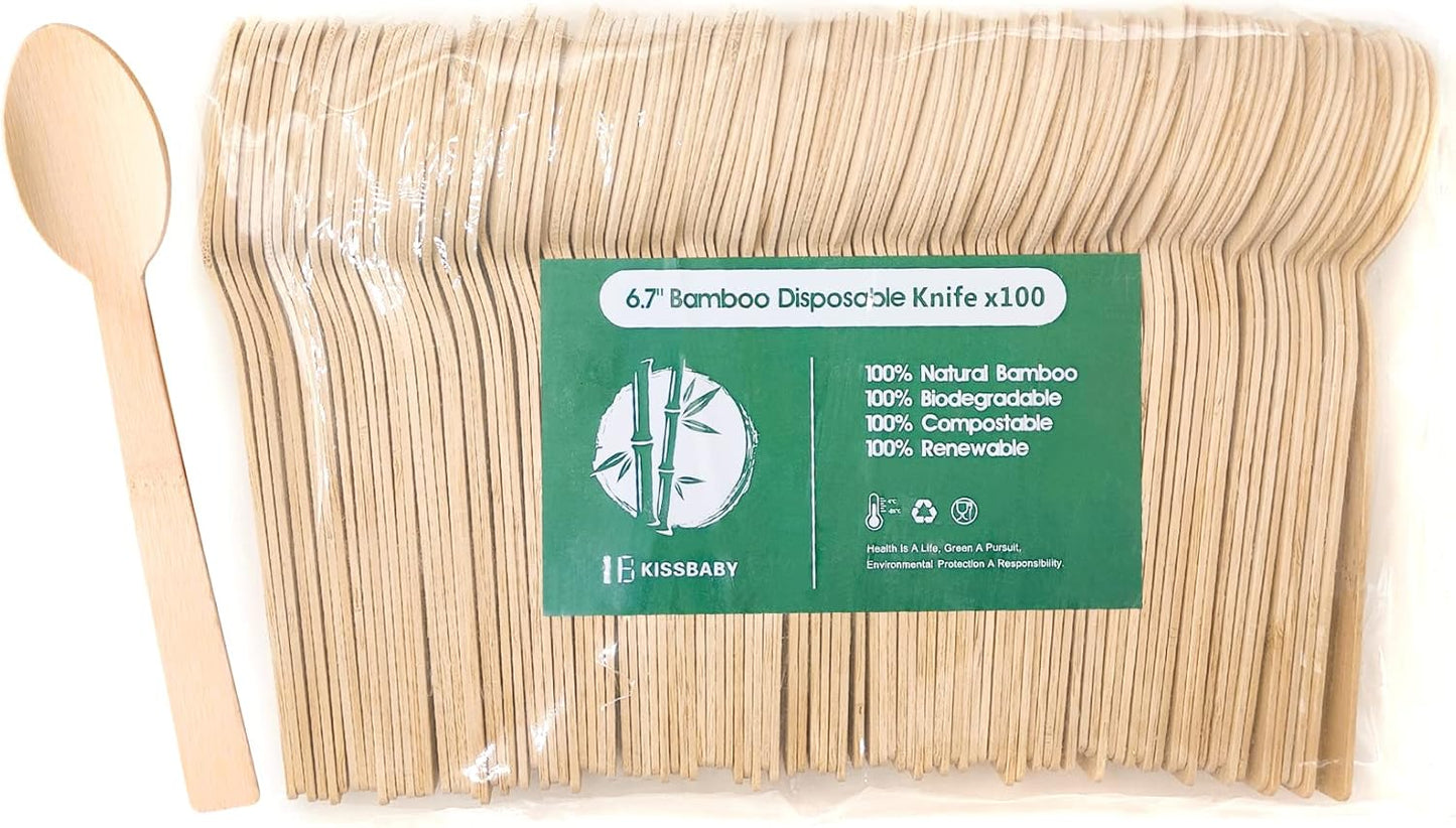 100% Bamboo Utensils -100 PK 6.7" Bamboo Spoons Disposable Cutlery Set Compostable Biodegradable Eco Friendly Renewable Flatware Spoon