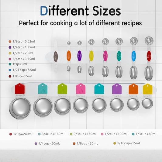 Magnetic Measuring Cups and Spoons Set, 8 Nesting Stainless Steel Measuring Cup Set with Easy to Read Markings, 7 Magnetic Measuring Spoons & 1 Leveler for Measuring Dry or Liquid Ingredients