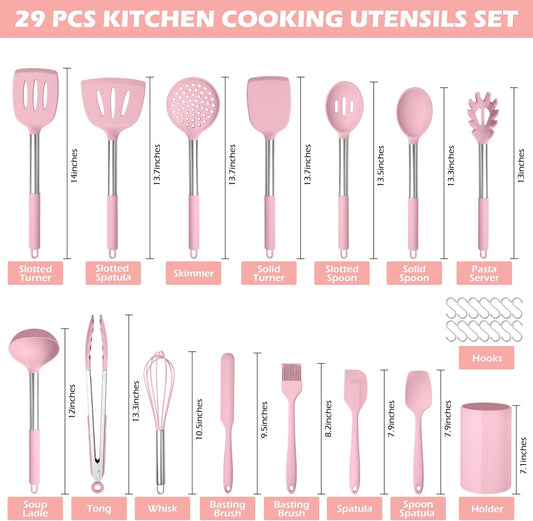 HaWare 29 PCS Silicone Cooking Utensils Set, Heat Resistant Kitchen Utensils Set with Stainless Steel Handle, Spatula Sets with Holder and Hooks, Kitchen Tools Gadgets for Nonstick Cookware -Pink