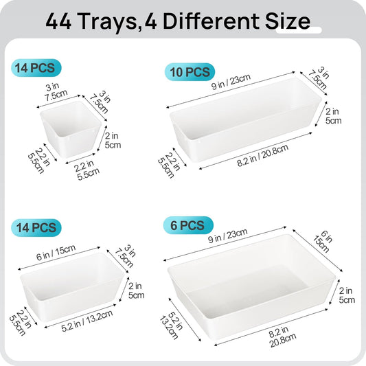 Vtopmart 44 PCS Plastic Drawer Organizers Set, 4-Size Versatile Bathroom and Vanity Organizer Trays, Non-Slip Storage Containers for Makeup, Jewelries, Bedroom,Kitchen Utensils and Office, White