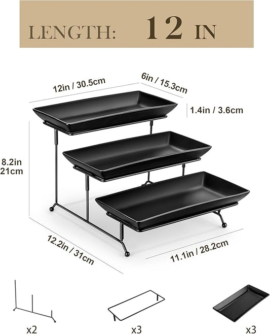 MALACASA 3 Tier Serving Trays for Party, Stoneware Serving Platters and Trays, 12 Inch Tiered Tray Stand, Fruit Tray, Trays for Serving Food, Black Dessert Stand with Collapsible Sturdier Metal Rack