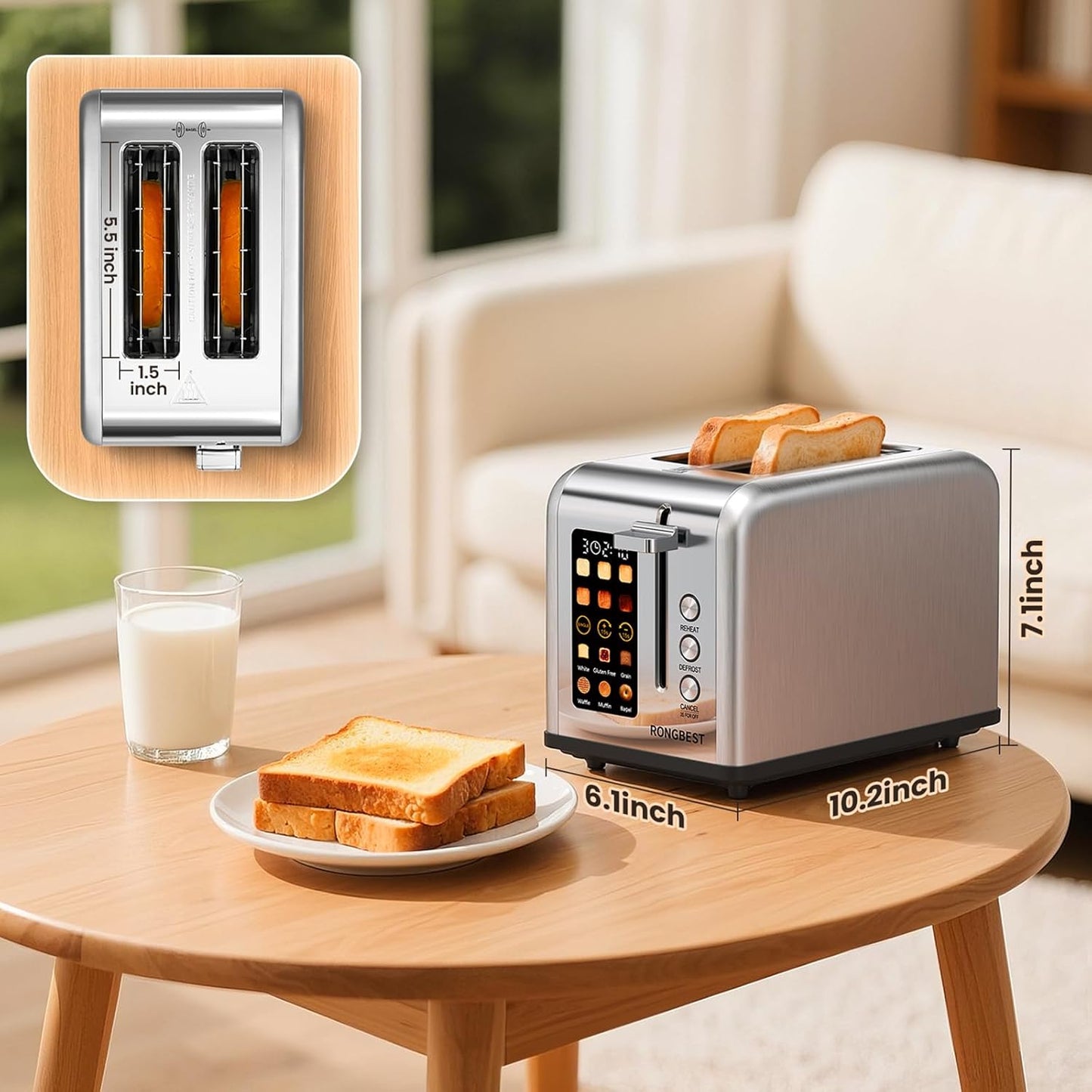 2 Slice Touch Screen Toaster, Stainless Steel Toaster with Wide Slots for Bagels and Bread, Reheat/Defrost/Cancel Functions, Removable Crumb Tray, Silver