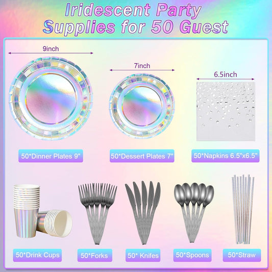 Iridescent Party Supplies Decorations, Holographic Paper Plates and Napkins Set, Disposable Iridescent Paper Plates Cups Knives Spoons Fork Straw for Mermaid Birthday Wedding Party, Serve 50