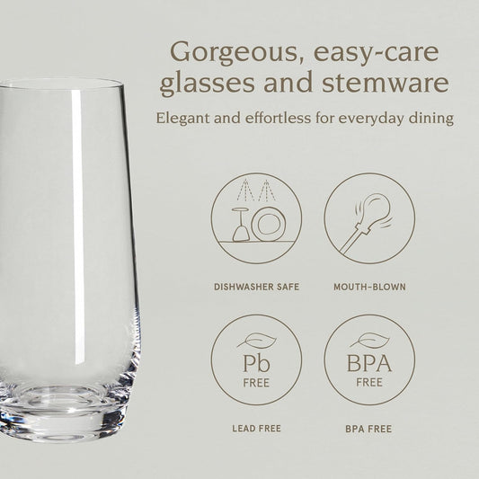 over&back 12oz Traditional Glassware - Set of 4 Classic Stemless Drinking Glasses for Parties, Get-togethers, and More - Mouth-Blown - Wine Cups for Kitchen and Dining Room - Clear