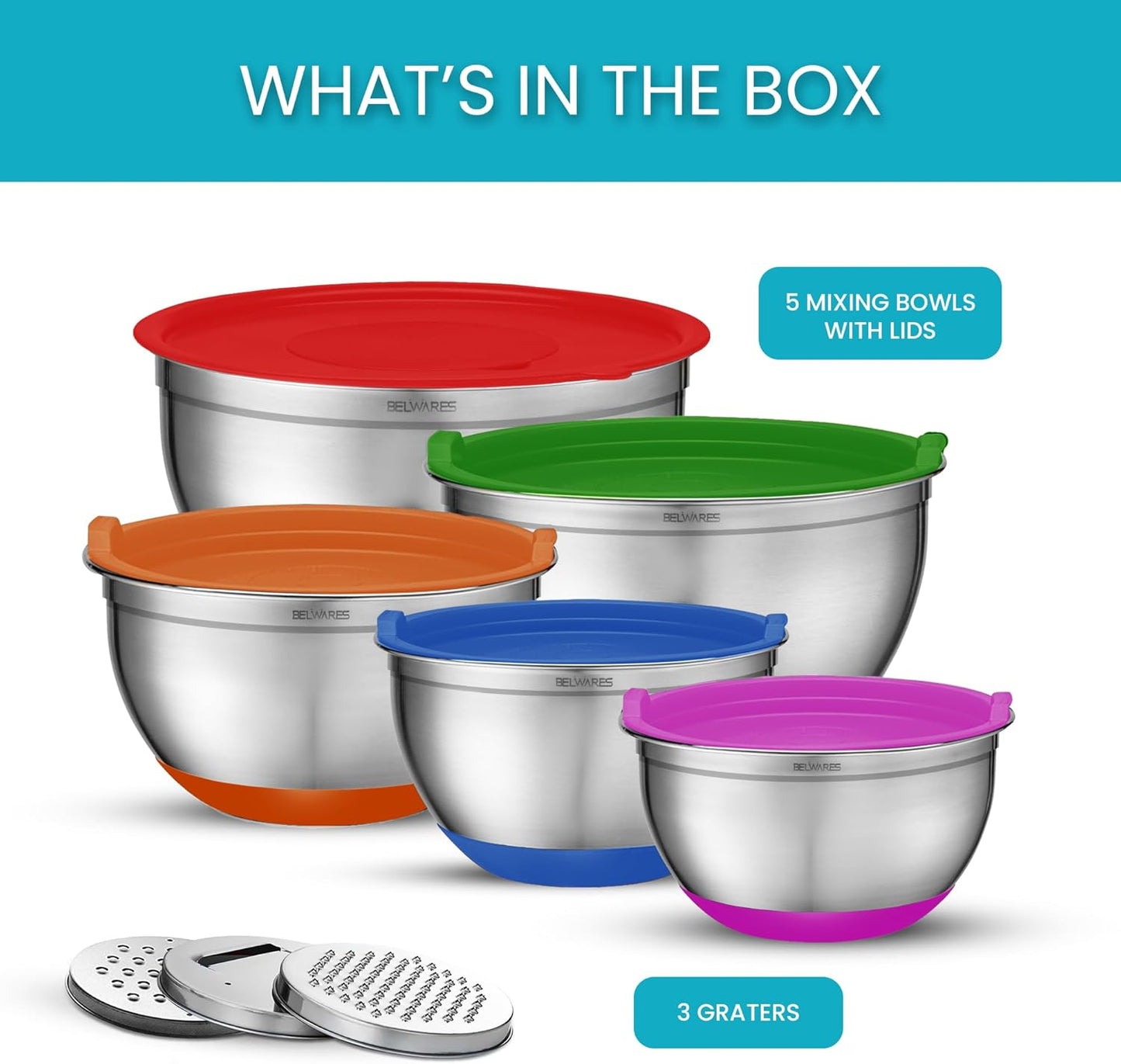 Belwares Mixing Bowls with Lids Set of 5 - Stainless Steel Nesting Bowls with Non-Slip Silicone Bottoms, Airtight Lids & 3 Grater Attachments Kitchen Baking Bowls for Food Prep & Storage (Colorful)