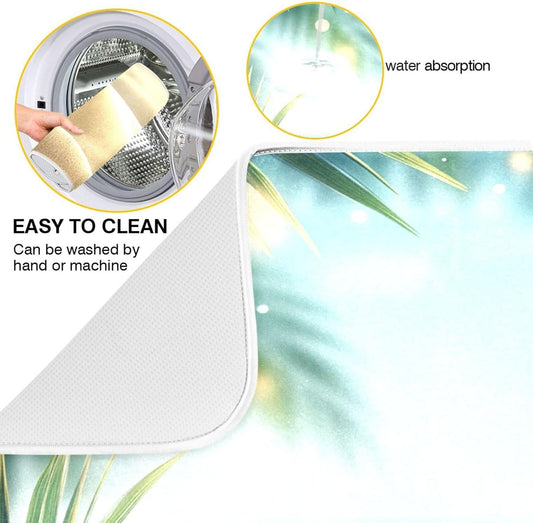 Summer Tropical Flowers Palm Leaves Dish Drying Mat for Kitchen Counter Super Absorbent Dishes Pad Reversible Microfiber Protector Dish Draining Mats 18x24 inch