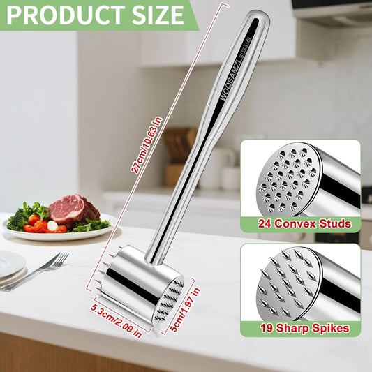 Real 316L Stainless Steel Meat Mallet Tenderizer Tool,Professional 2-in-1 Meat Hammer,Dual-Sided with Spikes & Studs,Commercial Grade Kitchen Solid Mallet Pounder, Heavy Duty 1.09LB,Dishwasher Safe