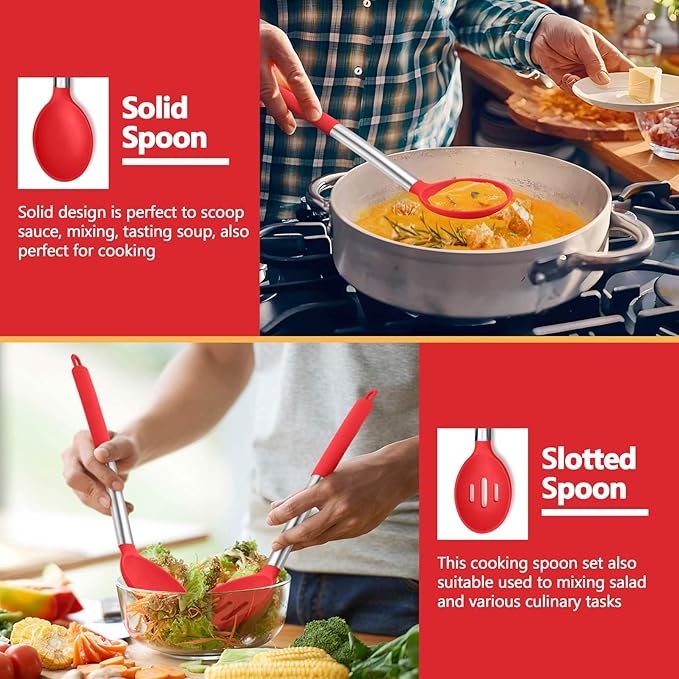 P&P CHEF Red Kitchen Cooking Utensil Set of 4, Silicone Solid Spatulas Slotted Spoons Turners for Non-stick Cookware Flipping Mixing, Heat-proof