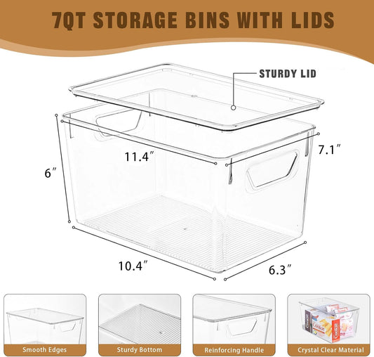 6 Pack Clear Storage Bins with Lids, 7 Quart Stackable Storage Boxes for Storage and Organization, Plastic Storage Containers with Lids, Plastic Bins with Handles for Office, Bedroom, Study Room