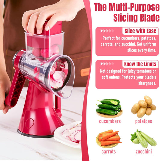 Rotary Cheese Grater & Vegetable Slicer, 3 in 1 Kitchen cheese Shredder Interchangeable Blades with 3 Stainless Steel Blades & Strong Suction Base, Easy Clean Food Grinder for Cheese, for Fruit