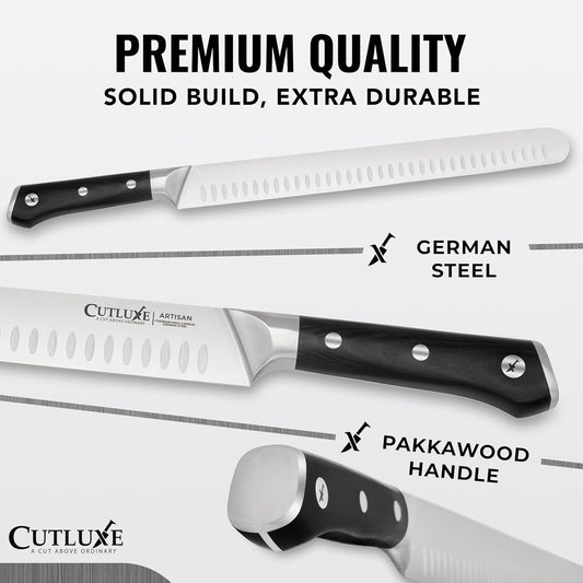 Cutluxe BBQ Knife Carving Set – 12" Brisket Knife & 10" Honing Rod, Butcher Knife Set for Meat Cutting – Ultra Sharp German Steel, Ergonomic Pakkawood Handles – Artisan Series