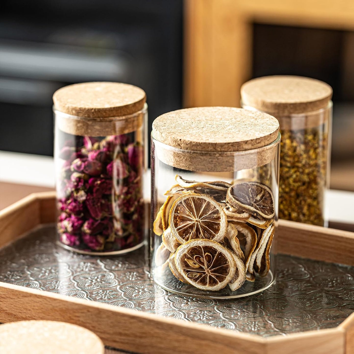 Airtight Glass Jars with Cork Lids -set of 4 (2 Large 16oz & 2 Small 10oz) Kitchen Storage Containers for Tea, Cereal, Spices, Beans, Candy | Wedding, Pantry, Biscuit Organization (4PCS)