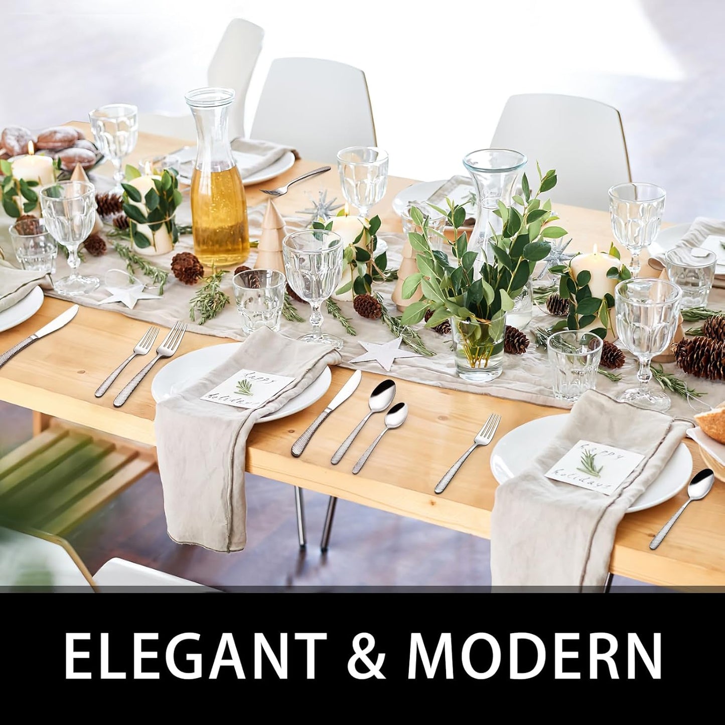 49-Piece Hammered Silverware Set with Organizer, Heavy Duty Stainless Steel Flatware for 8, Cutlery Utensil Sets with Steak Knives, Rust-proof, Mirror Polished, Dishwasher Safe