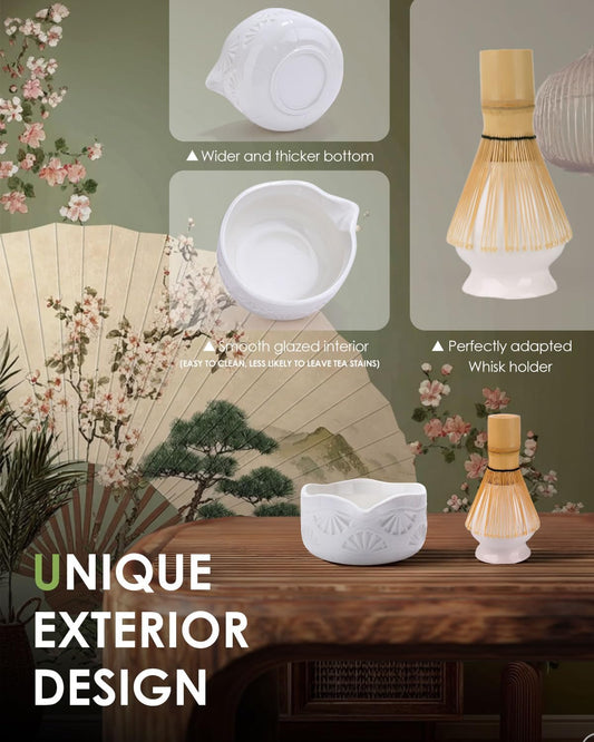 Matcha Whisk Set, Ceramic Matcha Set Includes Matcha Bowl with Spout, Matcha Whisk and Holder, Bamboo Scoop, Sifter and Tea Towel - 6 Pcs Matcha Kit Gift for Matcha Lovers (White)