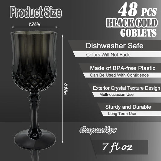 48 PCS Black Plastic Wine Glasses,Cordial Glasses,Goblets,Can be Used for Weddings, Everyday Fun Parties and More!