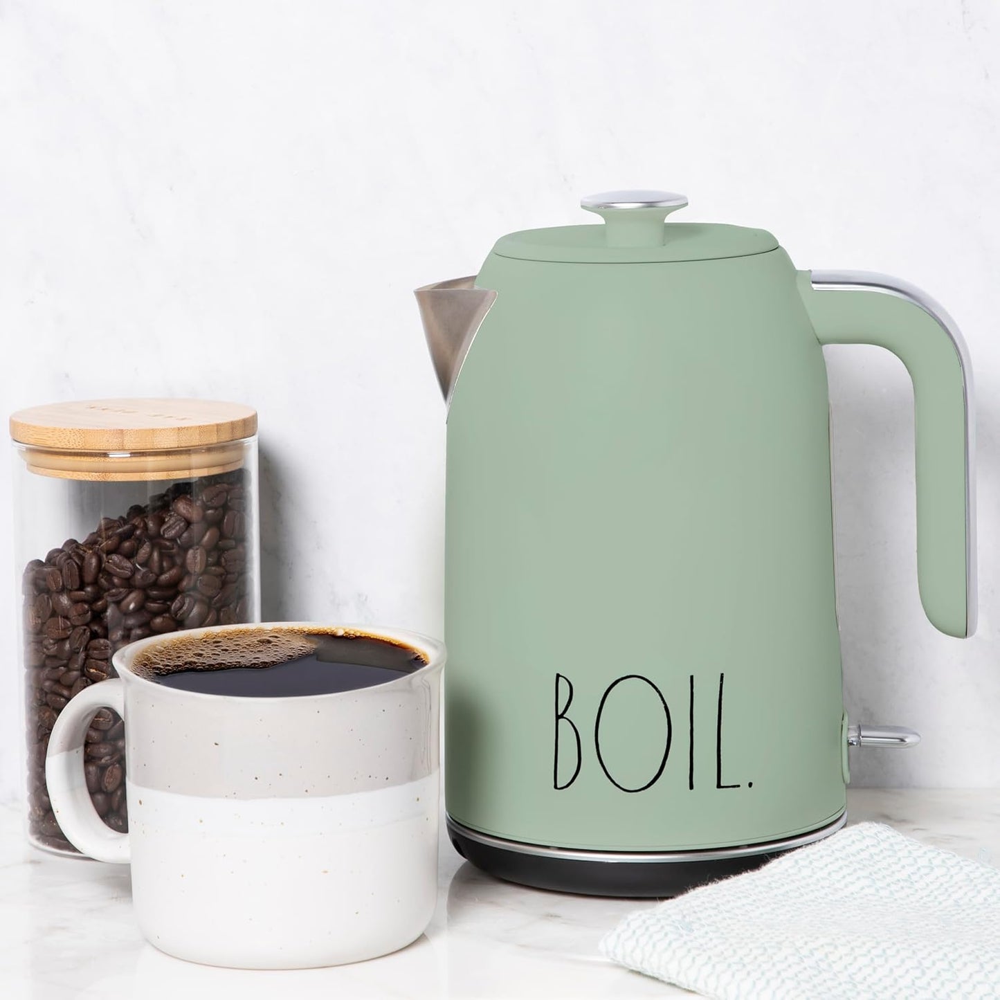 Rae Dunn Electric Hot Water Kettle - Stainless Steel Coffee Maker, Tea Kettle, Swivel Base, With Automatic Shut Off Boil-Dry Protection, Easy Pour Pitcher, 1500 Watt Boiling Power, 1.7 Liters (Sage)