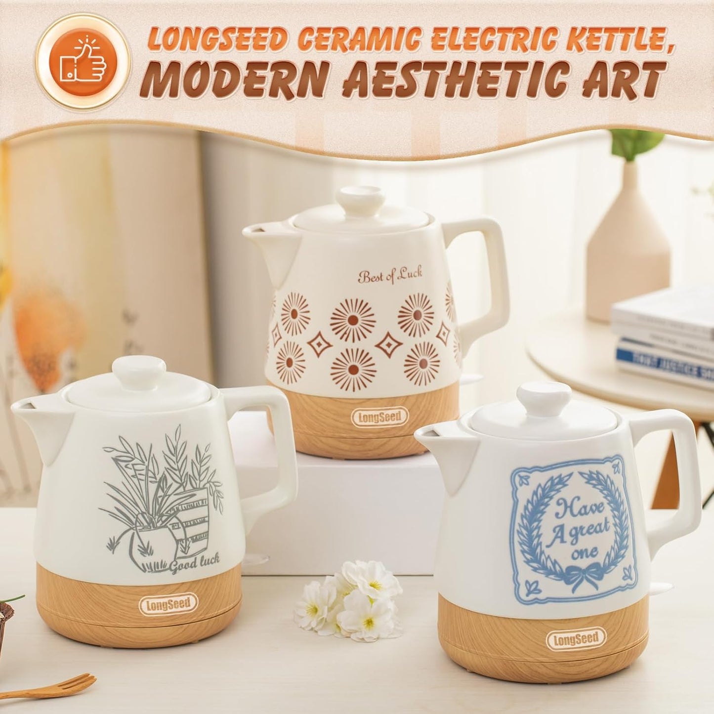 Ceramic Electric Kettle Pot 1.1 Quart, Boiling Water boiler, Teapot Automatic Shut-Off, BPA-Free, Rapid Boil For Coffee & Tea, Boil-Dry Protection, 1000W