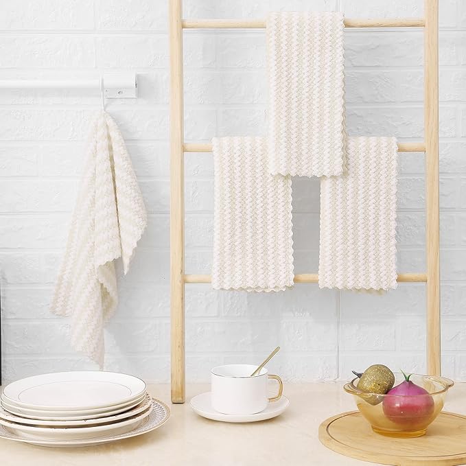 Homaxy Kitchen Towels(24 Pack, 10 x 20 inches), Ultra Soft and Absorbent Dish Towels, Reusable Fast Drying Microfiber Cleaning Cloth, Coral Velvet Wave Design No-lint, Beige