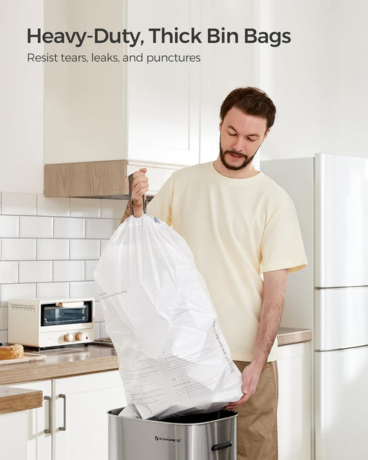 SONGMICS Trash Bags for 8-Gallon (30 L) Trash Cans, Drawstring Kitchen Garbage Bags, Pre-Separated, Liner Code 30A, 4 Rolls, 180 Count, White UKRB030A04