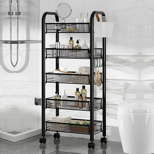 Fruit Vegetable Storage Basket with Rolling Wheels, 5 Tier Stackable Metal Mesh Storage Basket, Fruit and Vegetable Basket Cart, Produce Storage Organizer for Kitchen, Pantry, Bathroom, Black