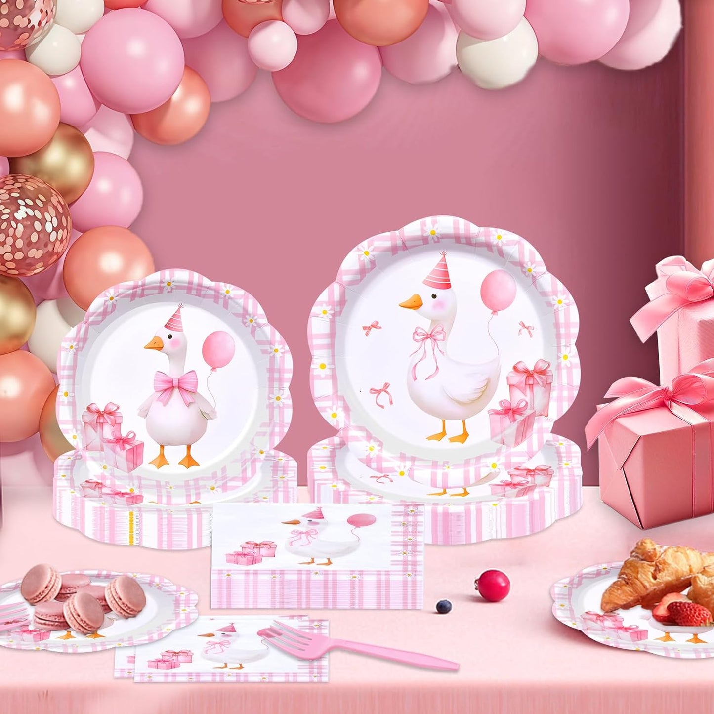 96 Pieces Pink Goose Birthday Tableware Set Party Supplies – Scalloped Animal-Themed Disposable Dinnerware with Paper Plates, Napkins, and Forks for Girls Parties and Baby Showers – Serves 24