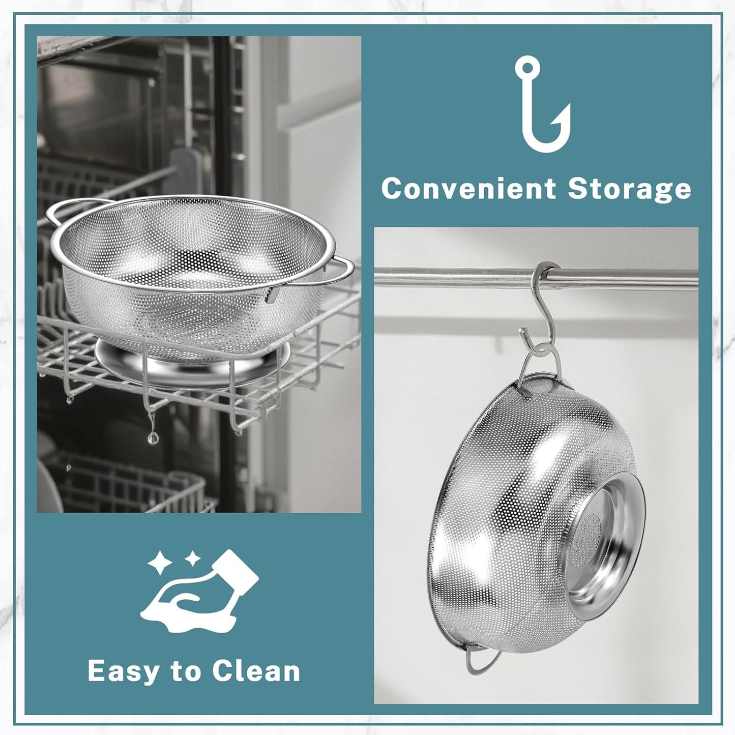 Pleafind 18/8 Stainless Steel Colander for Kitchen - 5 qt and 3 qt, Micro-Perforated Metal Colander Strainer with Handle, Solid Base Pasta Strainer, Rust-Resistant & Dishwasher Safe