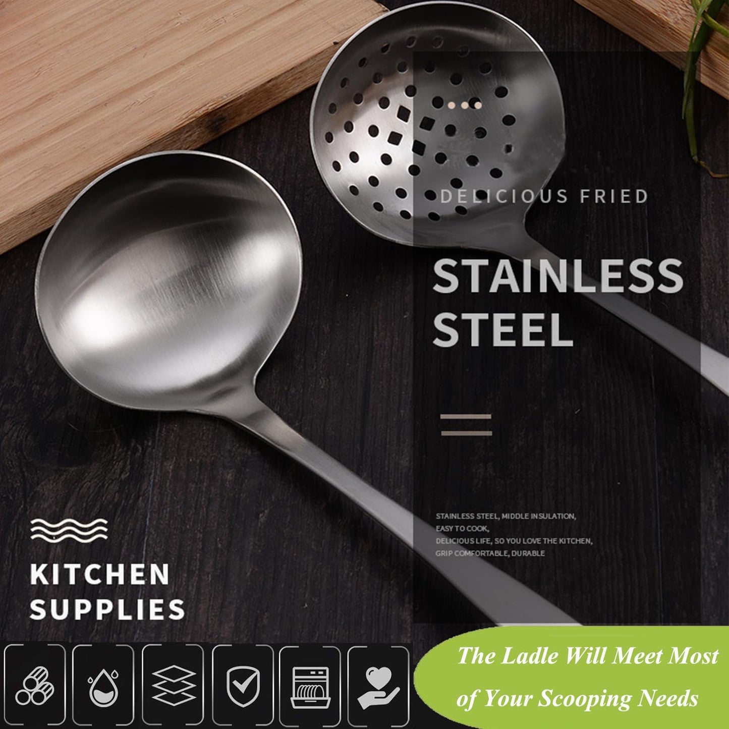 Stainless Steel Soup Ladle,Serving Ladle Scoop And Slotted Spoon Set Of 2 with Hook and Hole for Easy Hanging,Cooking Utensils Set for Kitchen