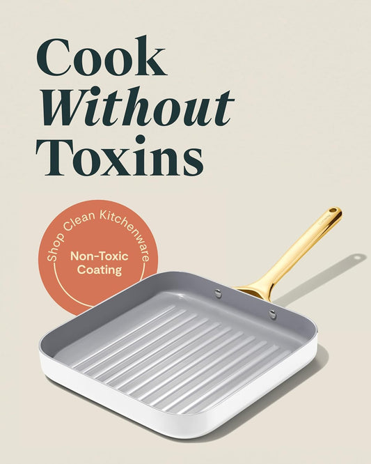 Caraway Square Grill Pan - 11” Grill Pan - Non-Stick Ceramic Coated - Non Toxic, PTFE & PFOA Free - Oven Safe & Compatible with All Stovetops - White