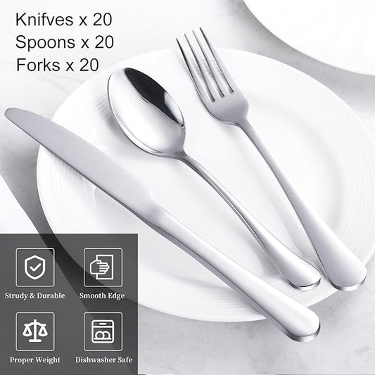 60-Piece Silverware Set for 20 - Stainless Steel Flatware Cutlery Set, Mirror Polished Flatware Set Include Forks Spoons Knives for Home Wedding Restaurant, Dishwasher Safe, Silver, 60 PCS