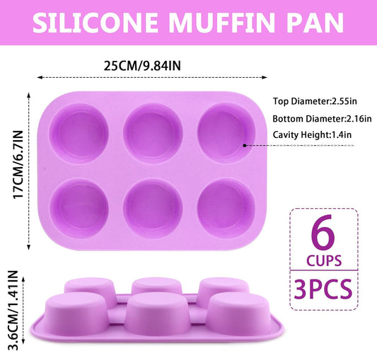 3-Pack 6-Cup Silicone Muffin Pans, Nonstick Cupcake Baking Molds, Muffin Cupcake Pans Molds for Baking, BPA/PFA-Free, Dishwasher & Oven Safe - Purple
