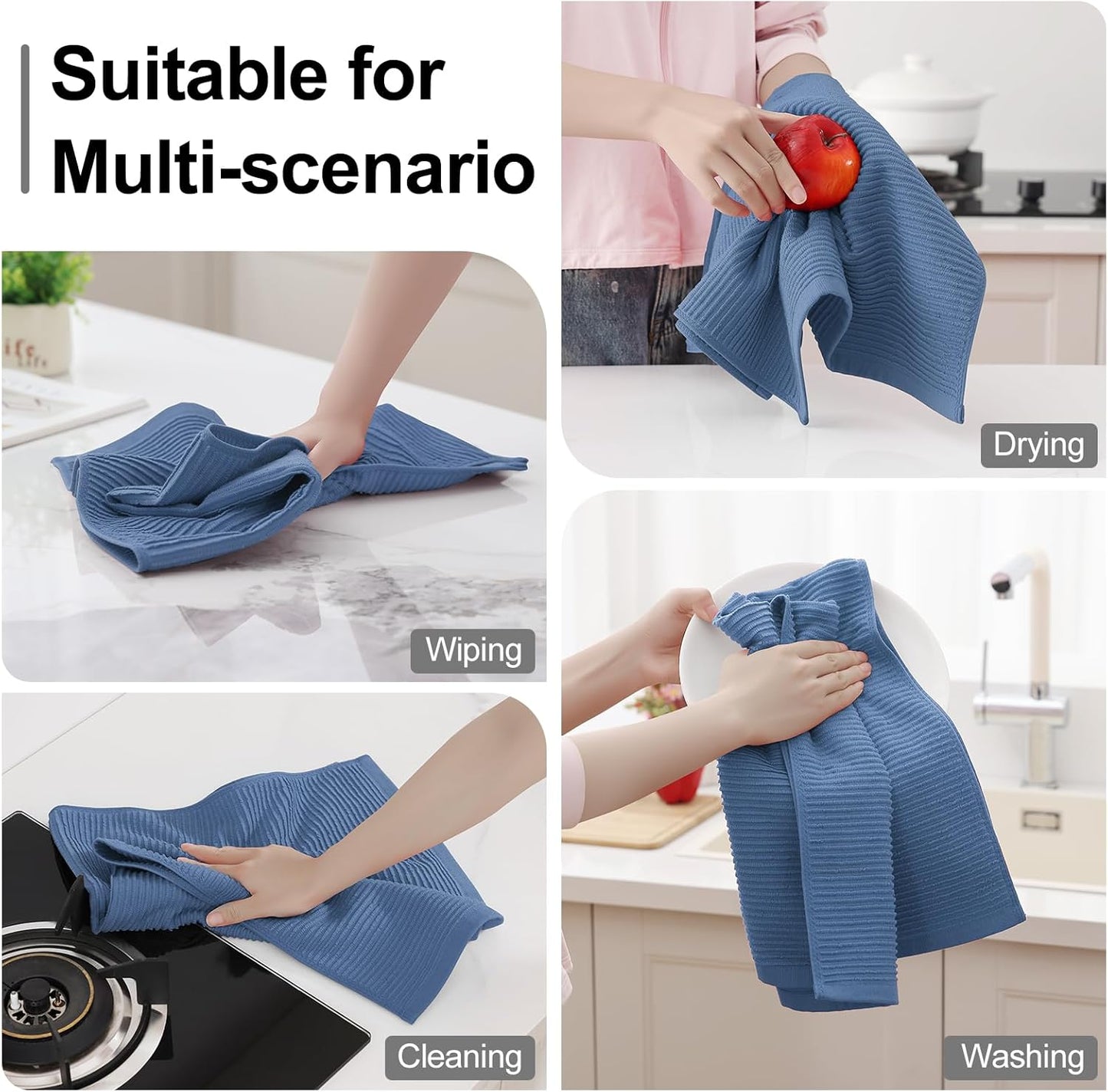 Homaxy Premium Kitchen Towels (18"x 28", 6 Pack), Large 100% Cotton Kitchen Hand Towels, Ultra Absorbent Ribbed Terry Tea Towels Set with Hanging Loop, Navy Blue