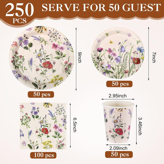 250 Pcs Wildflower Party Decorations Include Spring Summer Floral Paper Plates Napkins and Cups for Wildflower Baby Shower Tea Decorations, Serve 50 Guest(Multicolor,Rustic Style)