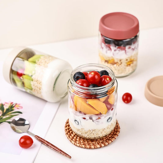 16oz Overnight Oats Containers with Plastic Airtight Lids, 6 Pack Wide Mouth Mason Salad jars, Glass Food Storage Containers for Snacks Sugar Spice Yogurt