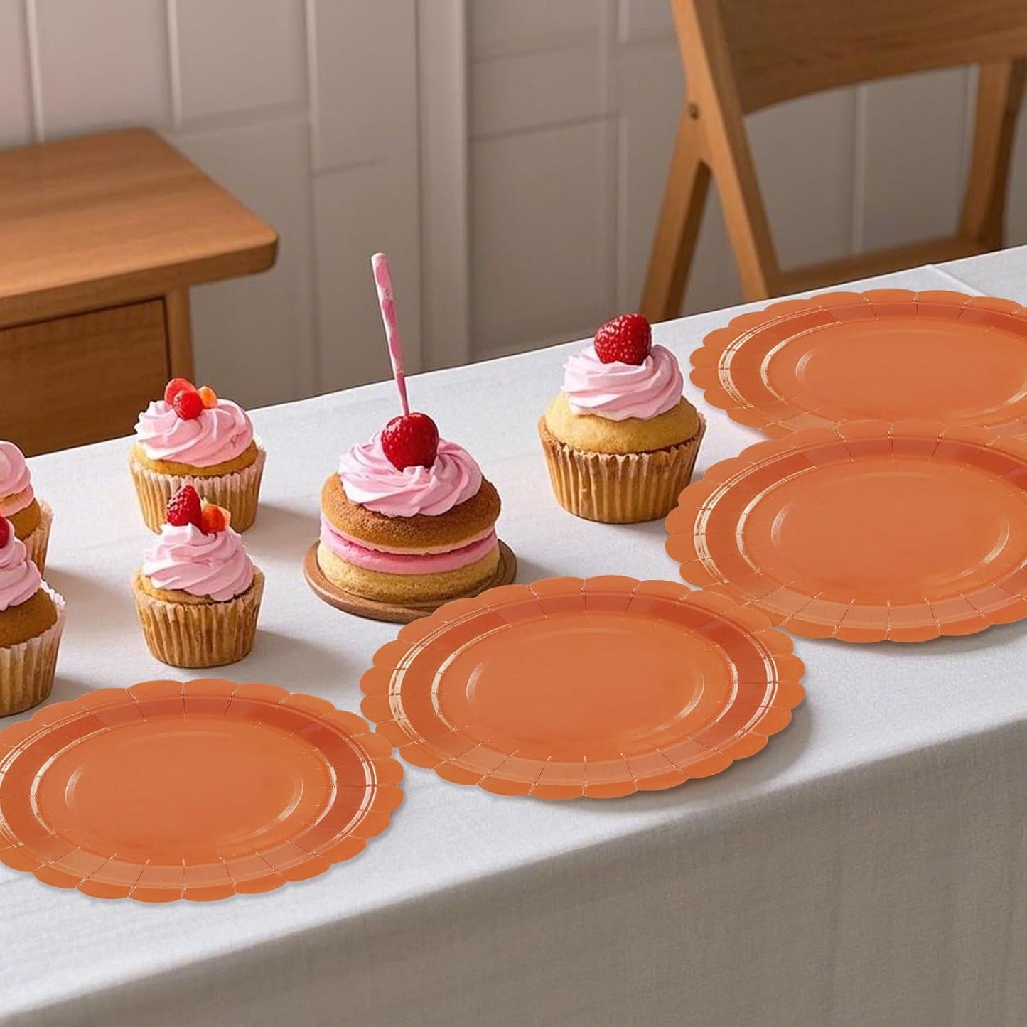 50Pcs Orange Paper Plates-7 Inch Scalloped Fall Birthday Dessert Plates Dinnerware Disposable Dinner Party Supplies for Fall Wedding Baby Shower Table Decor Pininc Party Decor