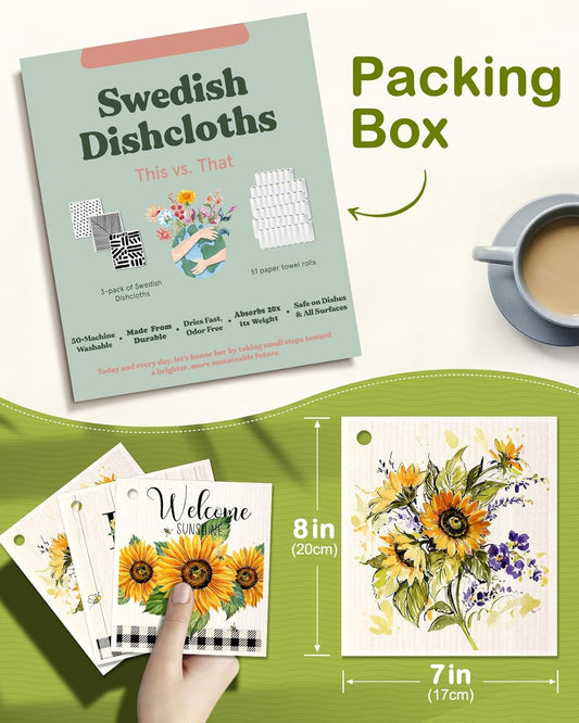 6 Pack Swedish Dishcloths for Kitchen - Reusable Dish Cloths for Washing Dishes Absorbent Cute Funny Kitchen Towels Cleaning Sponge, Sunflower