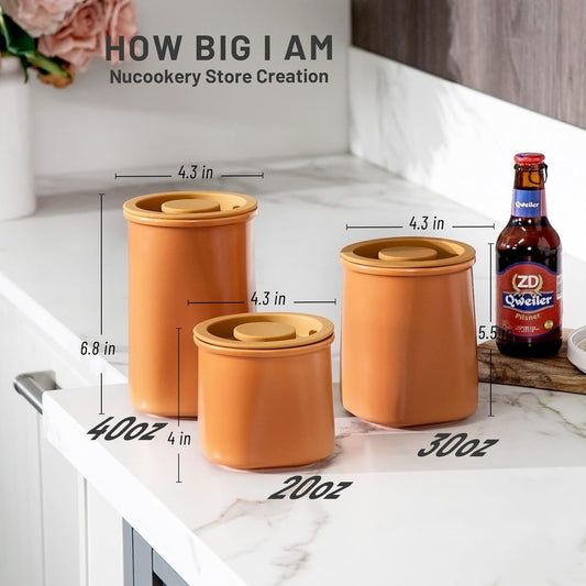 Nucookery Canisters Sets for the Kitchen Countertop, 3 Pcs Ceramic Jar with Silicone Lid, 40oz, 30oz, 20oz Food Storage Containers for Flour, Sugar, Coffee, Grains,Tea, Cookies, Dry Food Organization