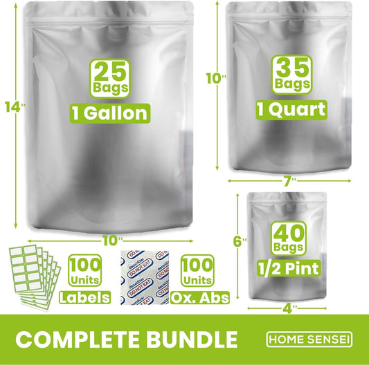 100pcs Mylar Bags for Food Storage - Extra Thick 10 Mil - Includes Gallon/Quart/Pint Sizes with 400cc Oxygen Absorbers - Zip Resealable Storage Pouches - Bolsas Mylar